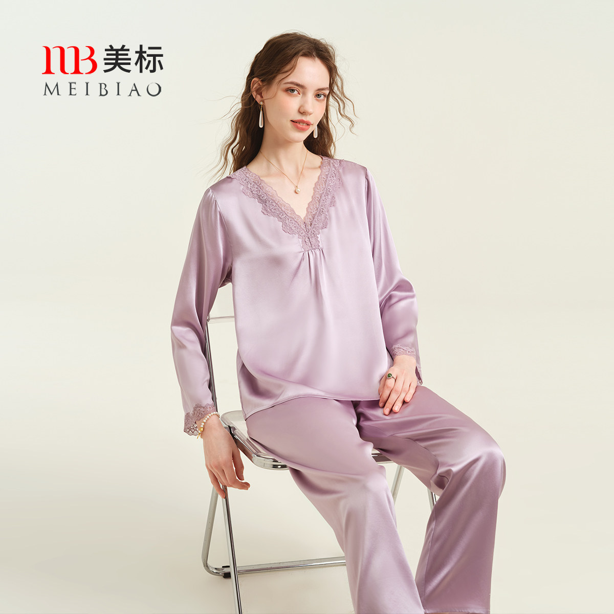 美标重磅长袖真丝睡衣套装女春秋100%桑蚕丝蕾丝丝绸可外穿家居服