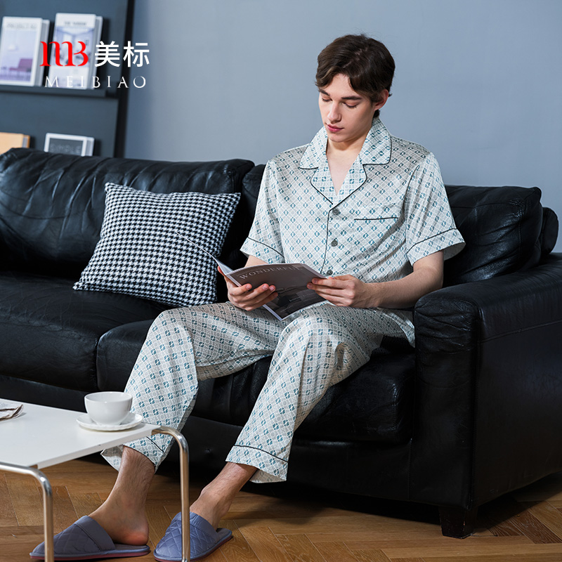 美标2025新款短袖真丝睡衣套装男夏薄款轻奢典雅桑蚕丝家居服睡衣