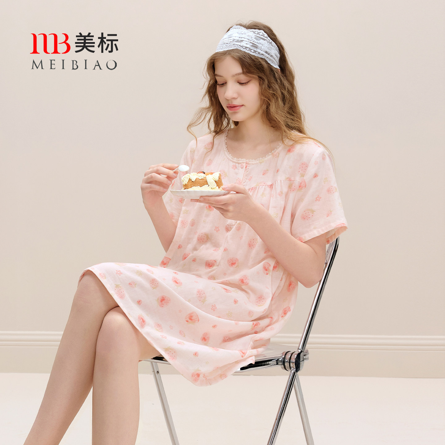 美标2026新款短袖纯棉睡裙女夏双层棉纱草莓公主风全棉薄款家居服