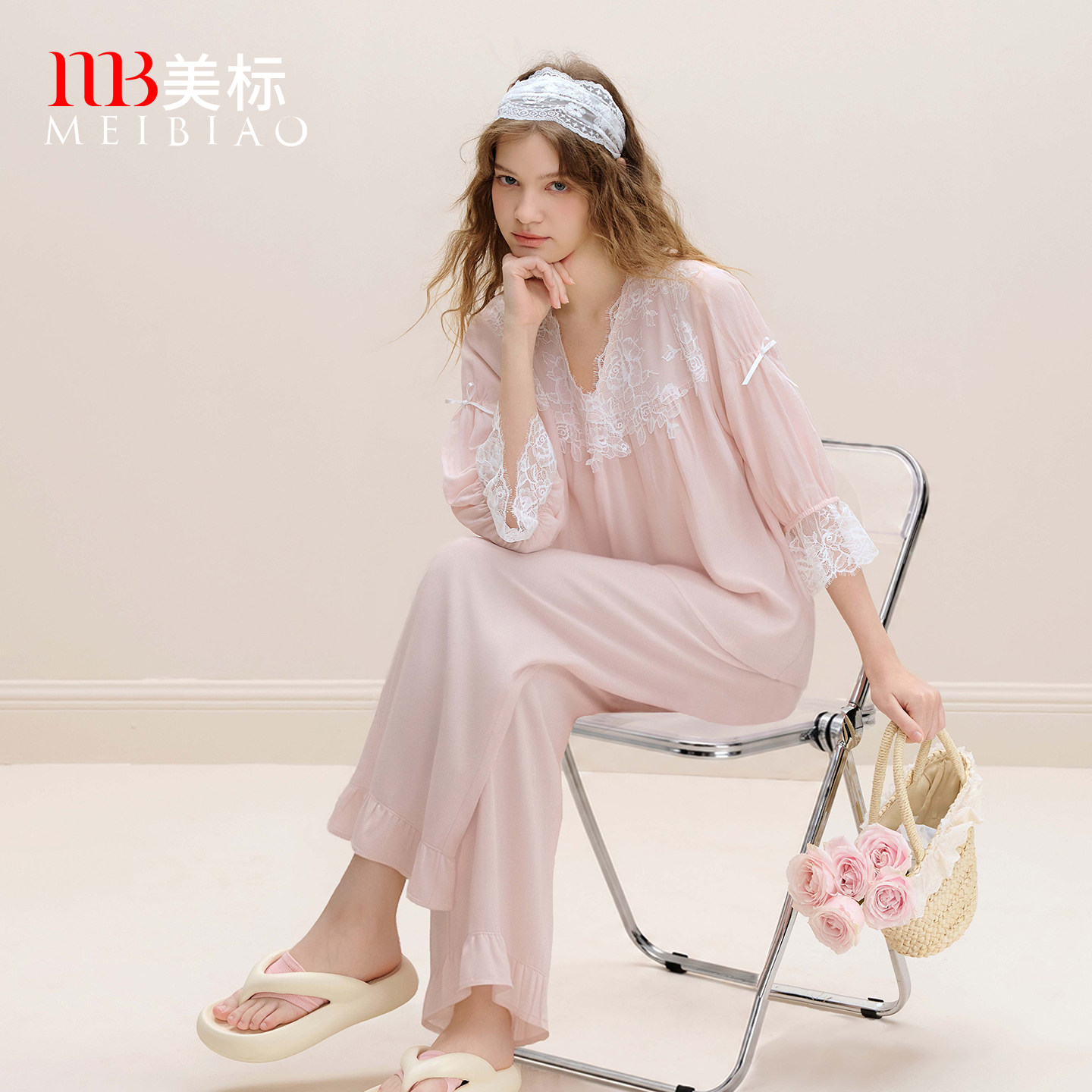 美标七分袖甜美宫廷风法式蕾丝睡衣套装女士春夏莱赛尔亚麻家居服