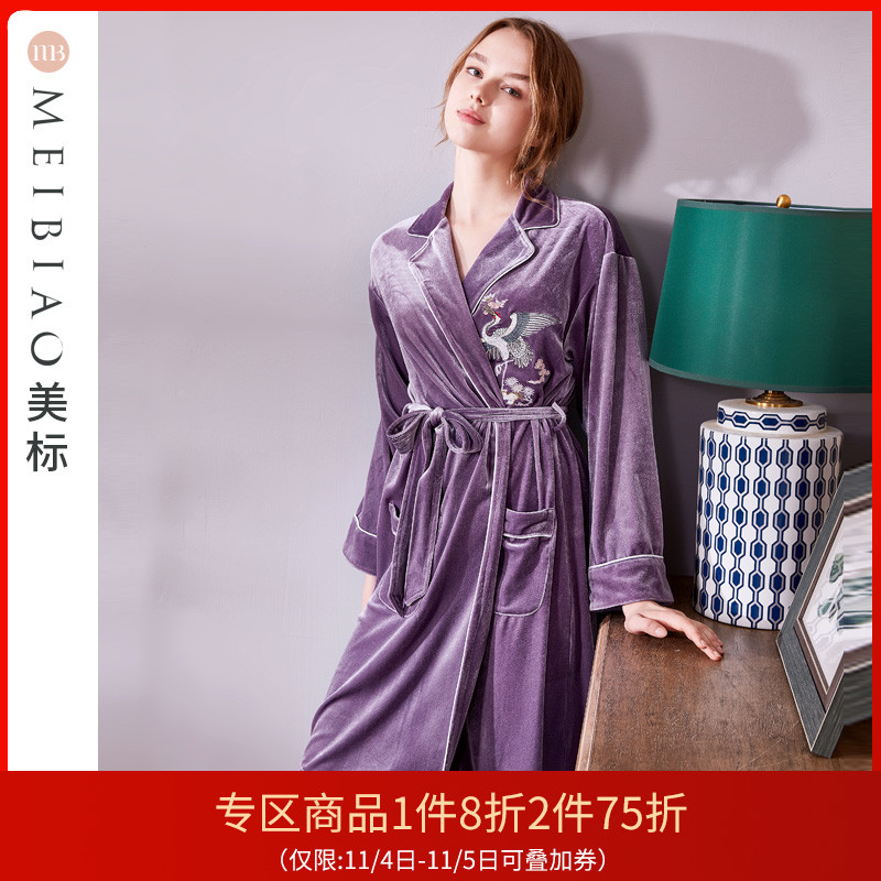 美标真丝丝绒睡袍女秋冬季中国风刺绣睡衣中长款浴袍桑蚕丝家居服