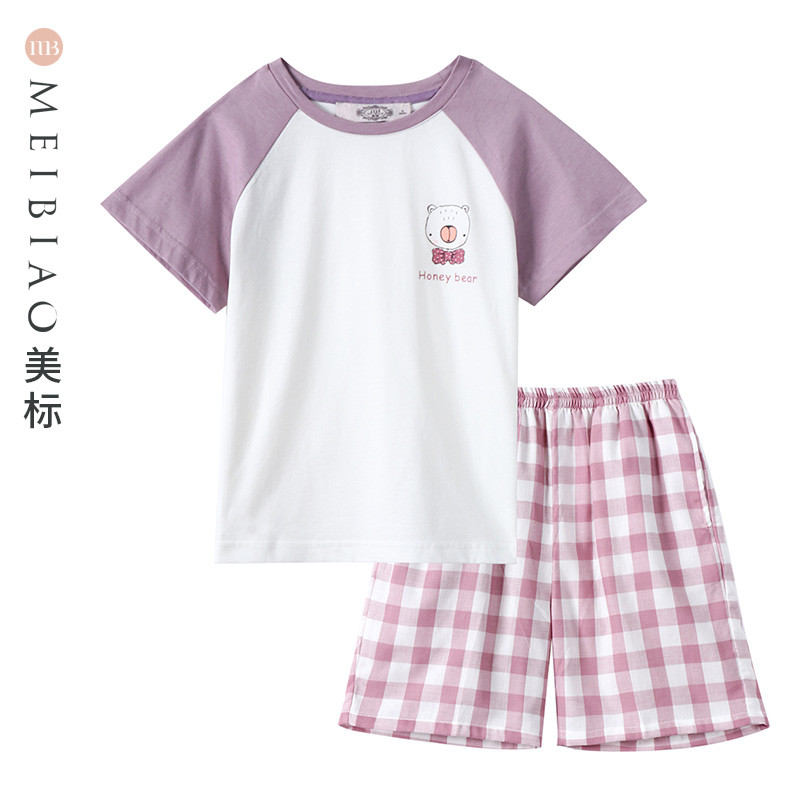 美标新款短袖纯棉女格子家居服