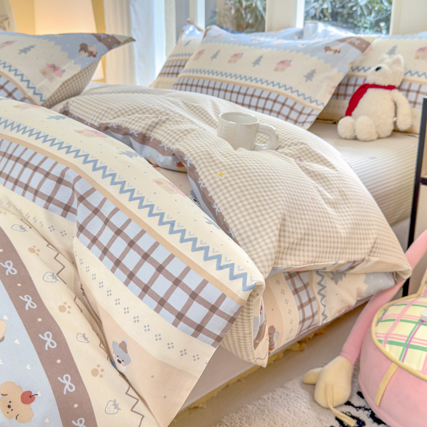 ins风纯棉床上四件套100%全棉少女心被套1.5m1.8米三件套可爱卡通