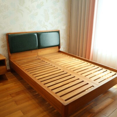 小钟棉韵 缅甸柚木牛皮软包实木床复古简约现代卧室原木双人床