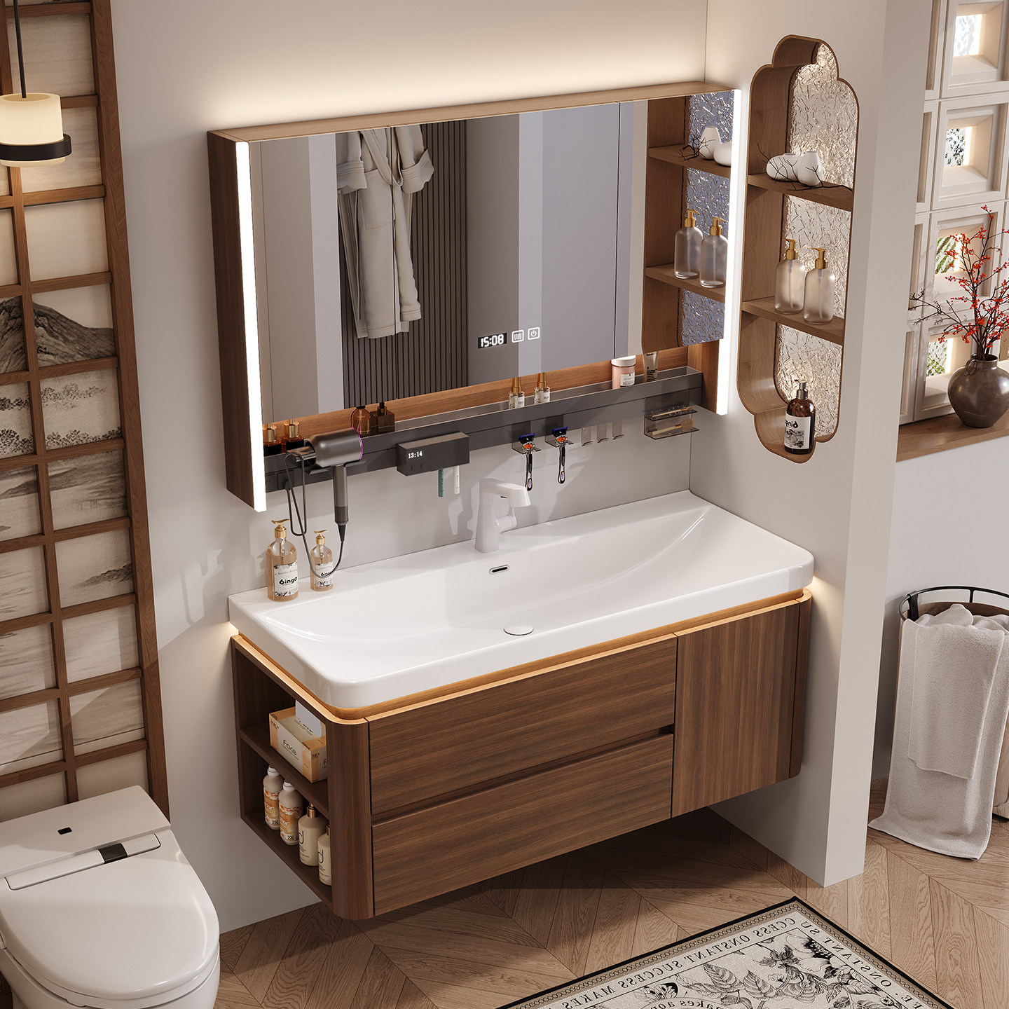 中古风海洋陶瓷一体盆浴室柜组合卫生间洗脸盆柜胡桃木洗手洗漱台,家装主材,浴室柜组合,淘宝优惠券,粉丝福利购,淘宝优惠卷