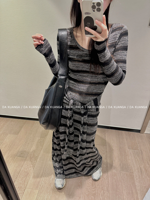 DAKUANGA 松弛感 假两件条纹绑带长袖裙子撞色长款连衣裙女早秋
