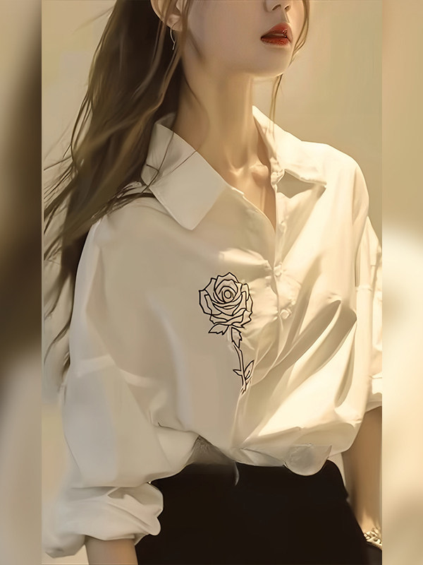 韩国奢华polo领玫瑰刺绣衬衫女秋季法式宽松通勤衬衣高端大气上衣