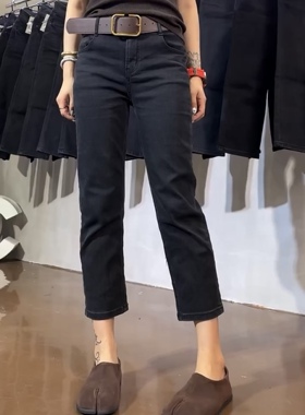 韩国黑色弹力直筒牛仔裤女2025春季新款修身显瘦百搭九分烟管裤子