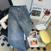 复古深蓝色双口袋设计阔腿裤 东大门高腰显瘦牛仔裤 女2025春秋新款