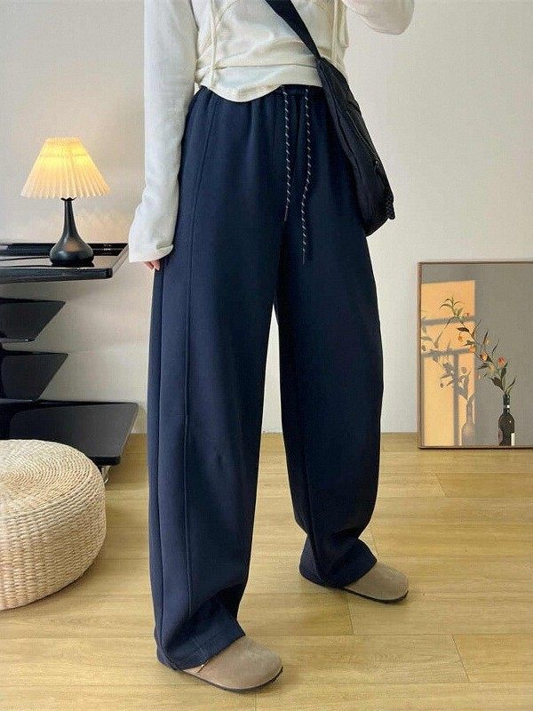 韩国休闲直筒阔腿弯刀卫裤女2025秋季时尚垂感慵懒风宽松加绒裤子,女装/女士精品,卫裤,淘宝优惠券,粉丝福利购,淘宝优惠卷