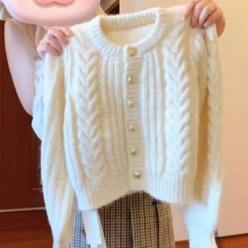 慵懒风软糯麻花加厚针织开衫女2025秋冬季新款白色毛衣短外套上衣
