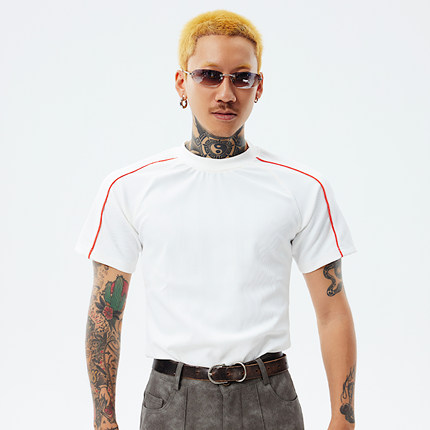 PUBLIC RADIO｜美式复古夏季圆领短袖百搭摇滚修身坑条T恤男女