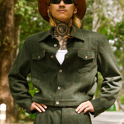 PUBLIC RADIO｜1969伍德斯托克羊毛墨绿色格子飞行夹克御寒保暖