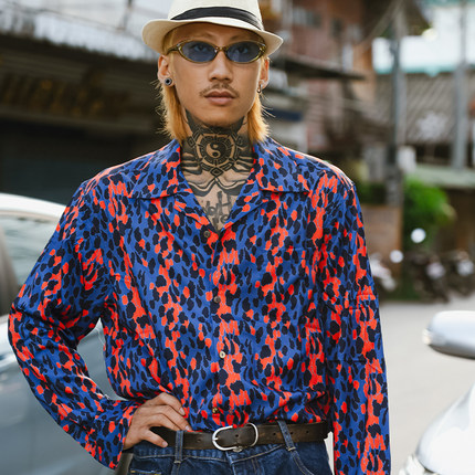 PUBLICRADIO日系复古进口真丝蛇纹古巴领花衬衫长袖嬉皮公共电波