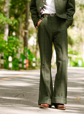 PUBLICRADIO 70年代羊毛材质墨绿色格子喇叭裤挽脚前中线公共电波