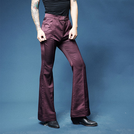 PUBLIC RADIO｜美式复古嬉皮士暗纹酒红男女高腰修身喇叭裤