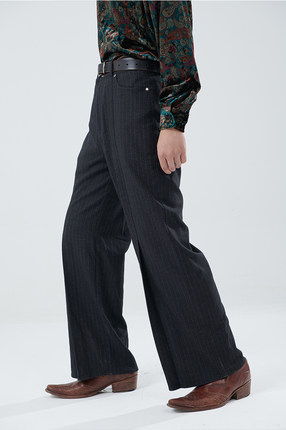 PUBLICRADIO复古Vintage微喇叭修身嬉皮男女折角长裤条纹毛呢西装