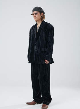 PUBLICRADIO日系复古丝绒disco公共电波西装皱褶港风亮面男女外套