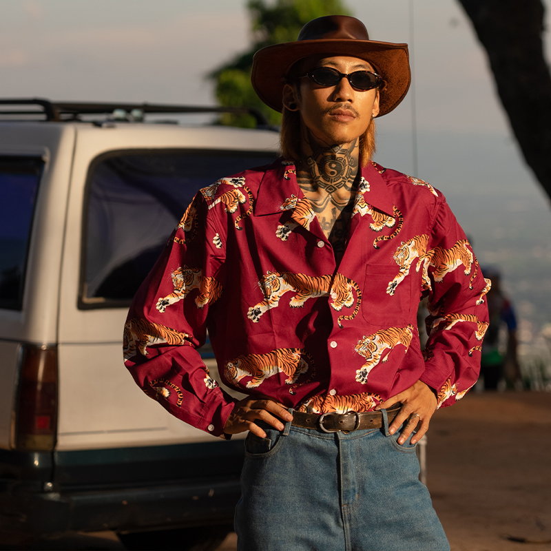 东洋设计古巴领长袖复古丝绵衬衫