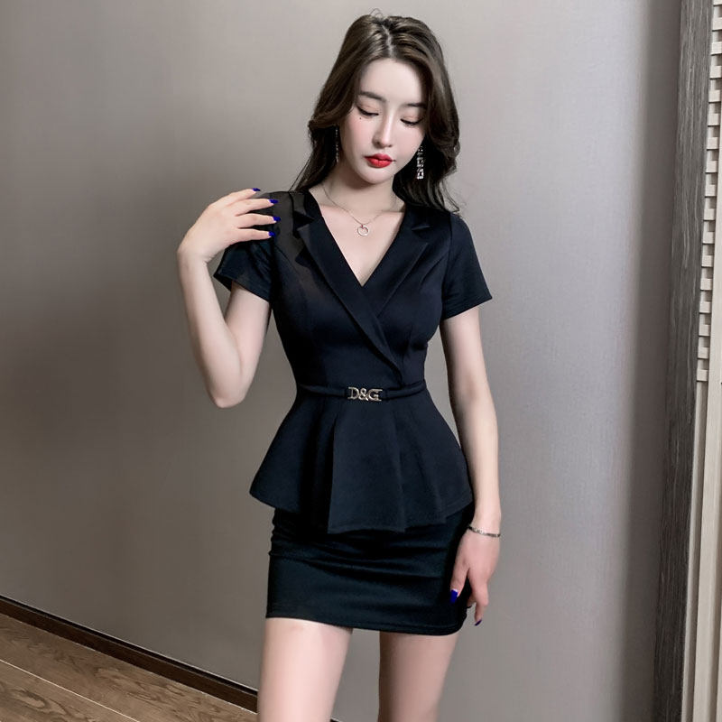 足浴包臀桑拿技师工作服2022夏季性感遮肚显瘦短裙套装美容院工衣