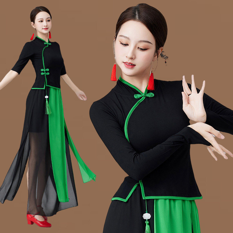 中国风新款古典舞立领舞蹈服奥代尔上衣飘逸雪纺裙广场跳舞表演服