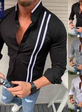 2021 men's sirt夏季立领休闲衬衣欧美男士修身个性条纹长袖衬衫