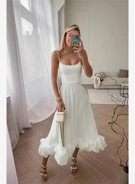 Women Elegant Party Dress Summer欧美吊带大摆立体花朵A字裙女