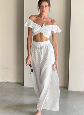 性感套装女荷叶边飞飞袖上衣开衩裤Women ruffle top skirt suit