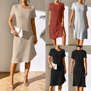 slit dress性感包臀裙 Solid sexy short sleeved hip color slim