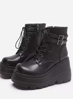women platform boots wedge shoes女防水台圆头厚底短筒靴女鞋