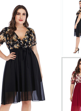 plus size patchwork dress Fat woman gown Lace chiffon 大码裙