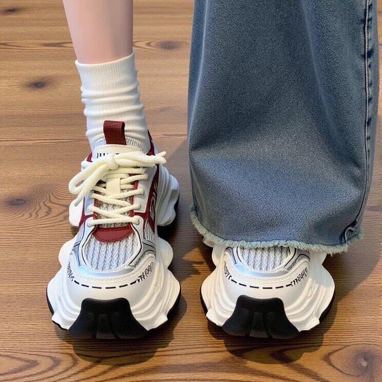 酒红色巴黎老爹鞋女2026秋季新款网面透气厚底增高时尚休闲运动鞋