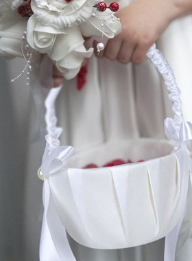 White Flower Girls Basket 白色缎面简约新娘花童花篮婚礼花篮