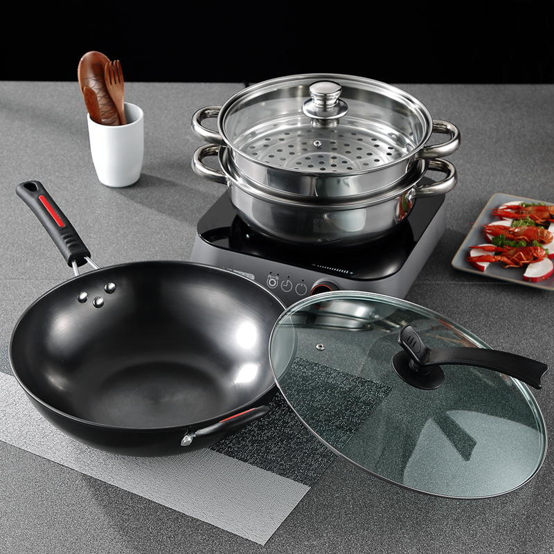 圣比德不锈钢蒸锅炒锅两件套 铸铁不沾锅炒锅组合汤蒸锅 礼品锅具