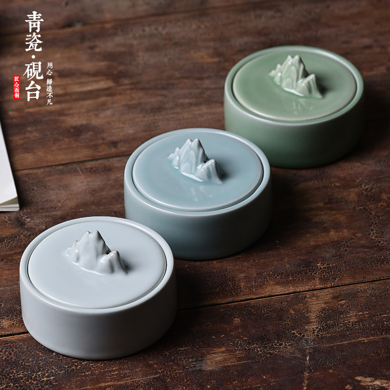 香山龙泉青瓷陶瓷砚台书法国画带盖墨汁盒笔搁香墨池砚台文房四宝