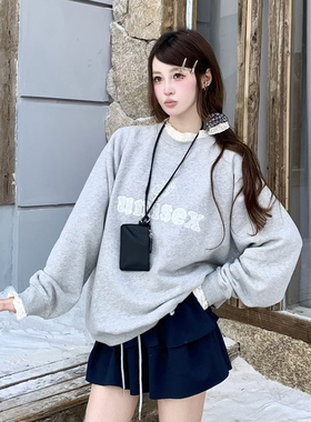 54YS 国潮基础字母蕾丝贴布绣假两件情侣百搭休闲风秋冬卫衣加绒