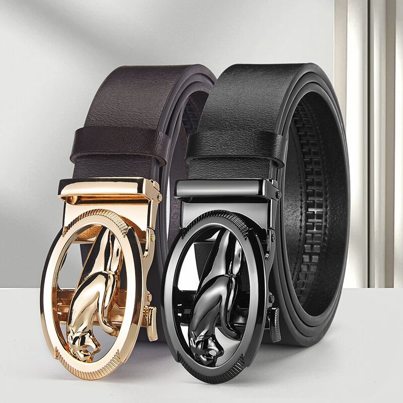 日本优选MUJIE皮带男士真皮捷豹合金自动扣高级感头层牛皮腰带男