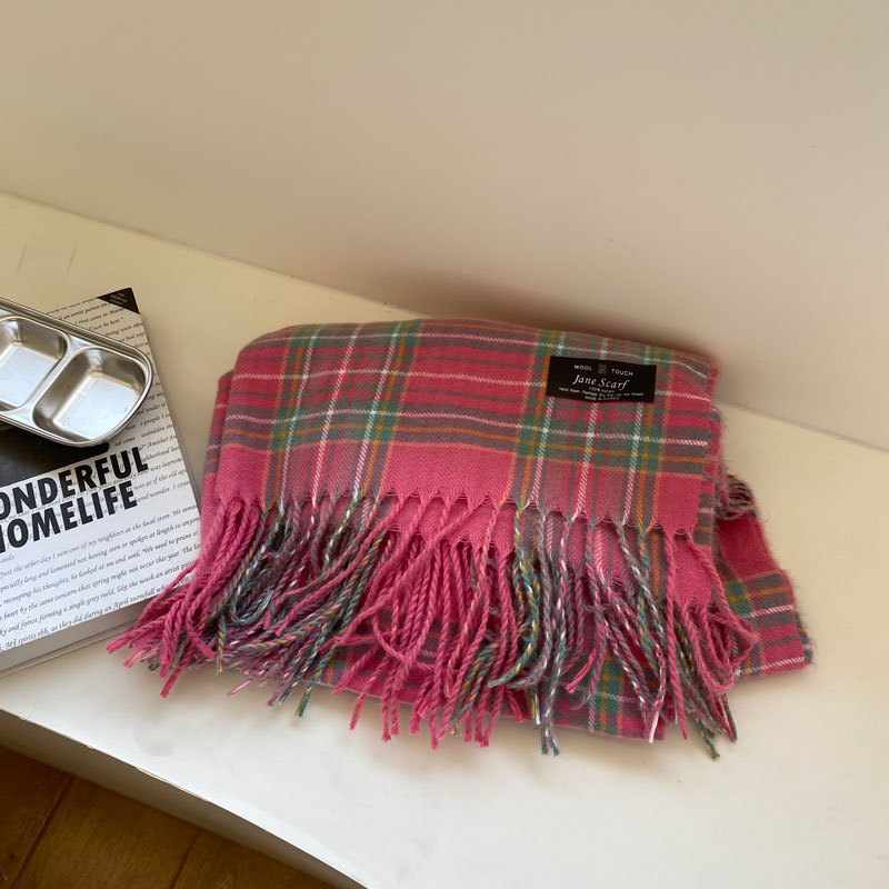 日本优选MUJIE黛绿“桑葚梅梅”软糯格子围巾女冬韩代学生披肩保