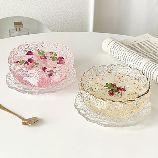 新品高颜值玻璃玫瑰甜品碗碟套装银耳羹燕窝碗带勺糖水酸奶燕麦碗