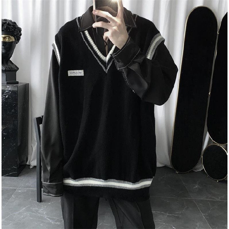 两件套装/单件秋冬新款黑色v领韩版个性无袖百搭针织马甲毛衣衬衫