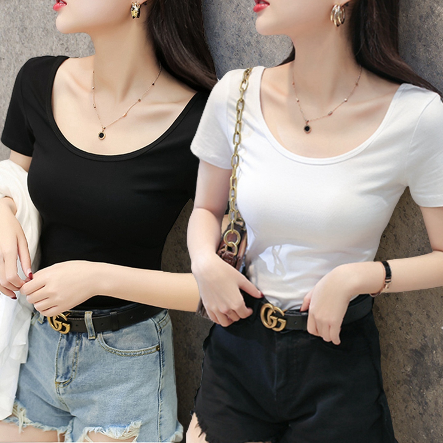 低领短袖T恤女夏季新款U领上衣大码露背修身显瘦白色打底衫洋气潮