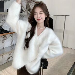 茸茸毛衣外套女2025秋冬季新款不规则设计感宽松款长袖开衫上衣