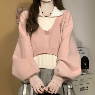 韩系宽松慵懒风粉色polo领毛衣女秋冬学院风针织衫两件套短款上衣