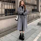 新款 宽松气质毛呢外套 韩版 灰色双面呢大衣女中长款 2024秋冬季