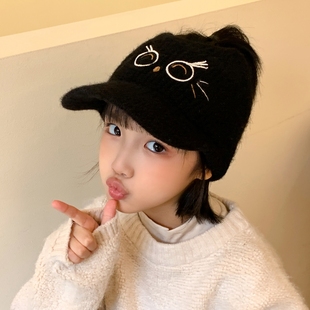 儿童棒球帽秋冬季新可爱小猫女童扎马尾针织帽空顶保暖男童鸭舌帽