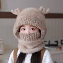 儿童帽子围脖口罩一体冬季 男女童加绒保暖护耳宝宝鹿角毛线套头帽