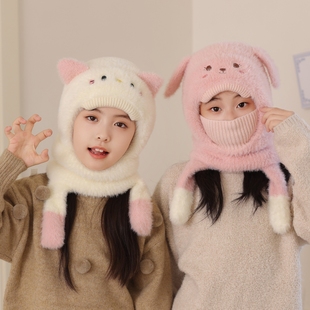 儿童帽子围脖口罩一体秋冬季男女童可爱加绒护耳毛绒帽宝宝针织帽
