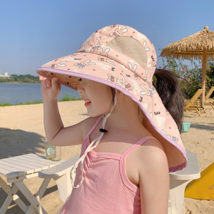 儿童防晒帽夏季 遮脸大檐防紫外线渔夫帽透气男女童宝宝披肩遮阳帽