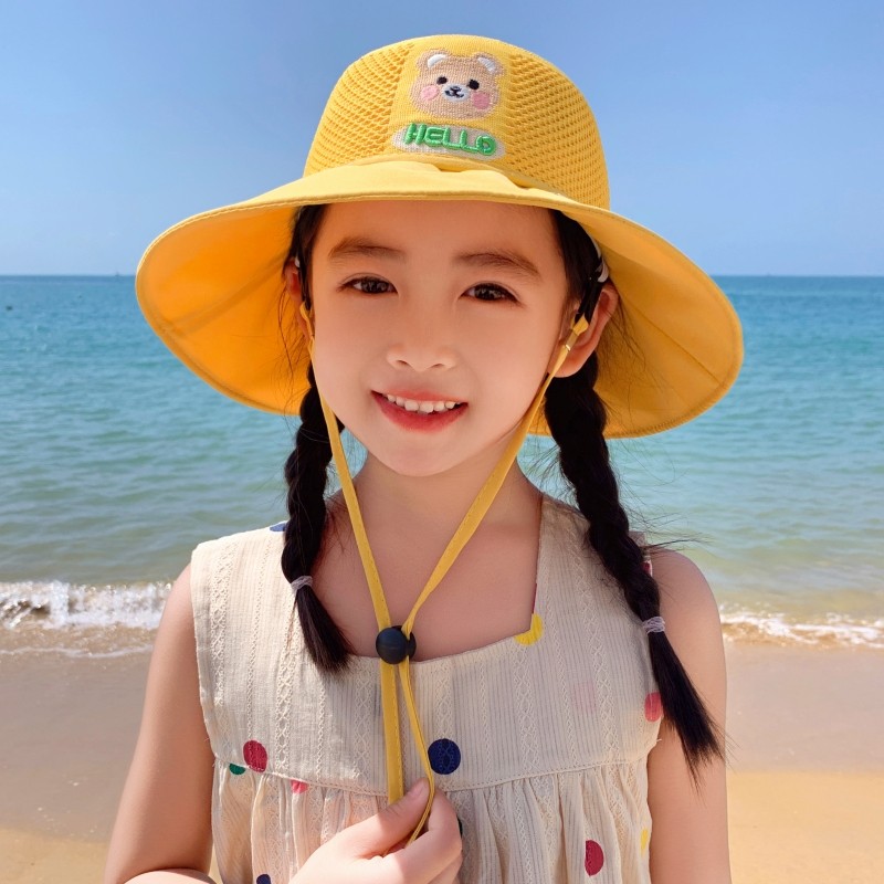 儿童防晒帽夏季男女童防紫外线太阳小黄帽宝宝网眼大檐遮阳渔夫帽 - 实物图