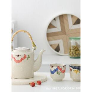凉水壶陶瓷复古套装带托盘耐高温手绘提梁壶功夫茶具家用泡花茶壶